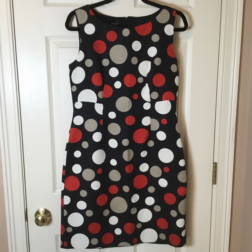 Hobbs London Sleeveless Silk Blend Black, Red & Tan Polka Dot Shift Dress - US8